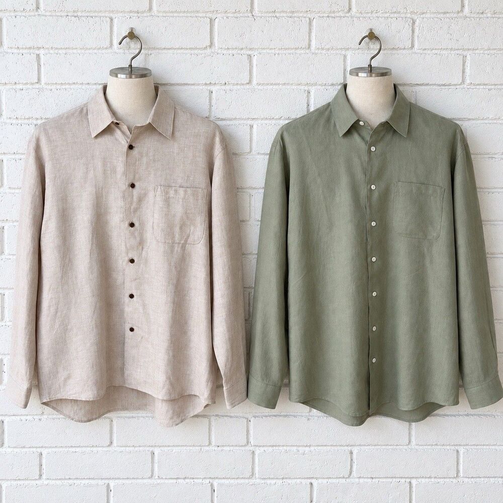 2 Brandini Men’s L 100% Linen Shirts Beige Green Coastal Resort Long Sleeve